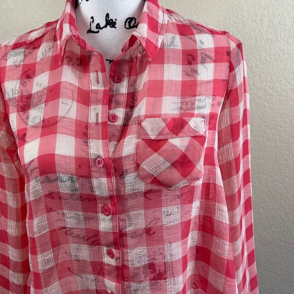 Free people red sheer gingham button down blouse size XS boho western cowgirl - Picture 10 of 14